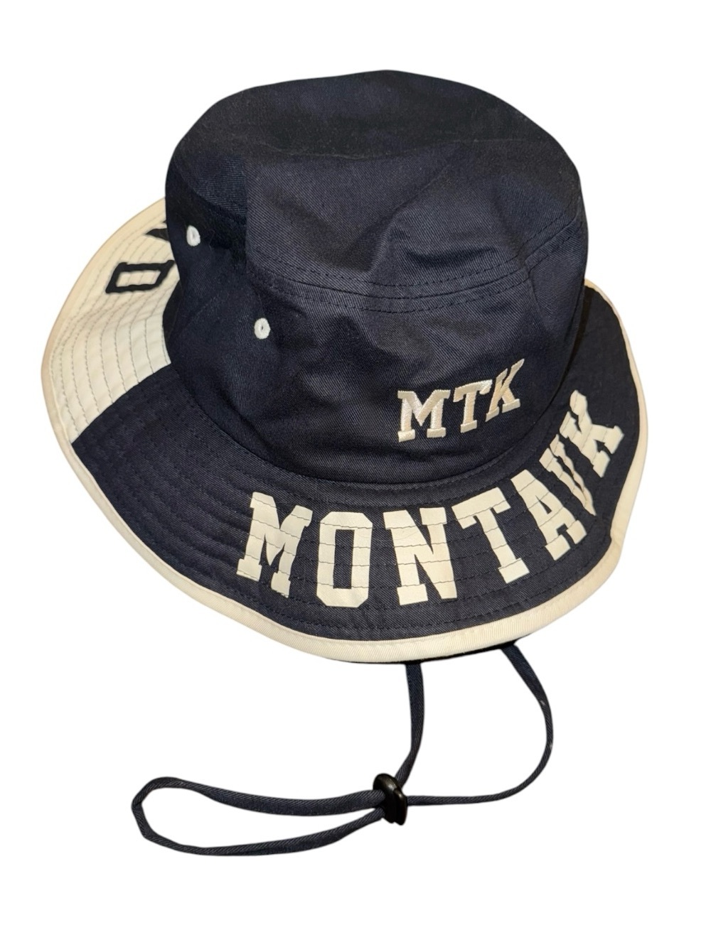 Navy and White Montauk The End Bucket Hat with Chin Strap